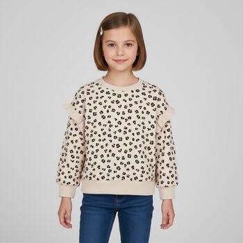 Girls Beige Heart Print Sweatshirt 