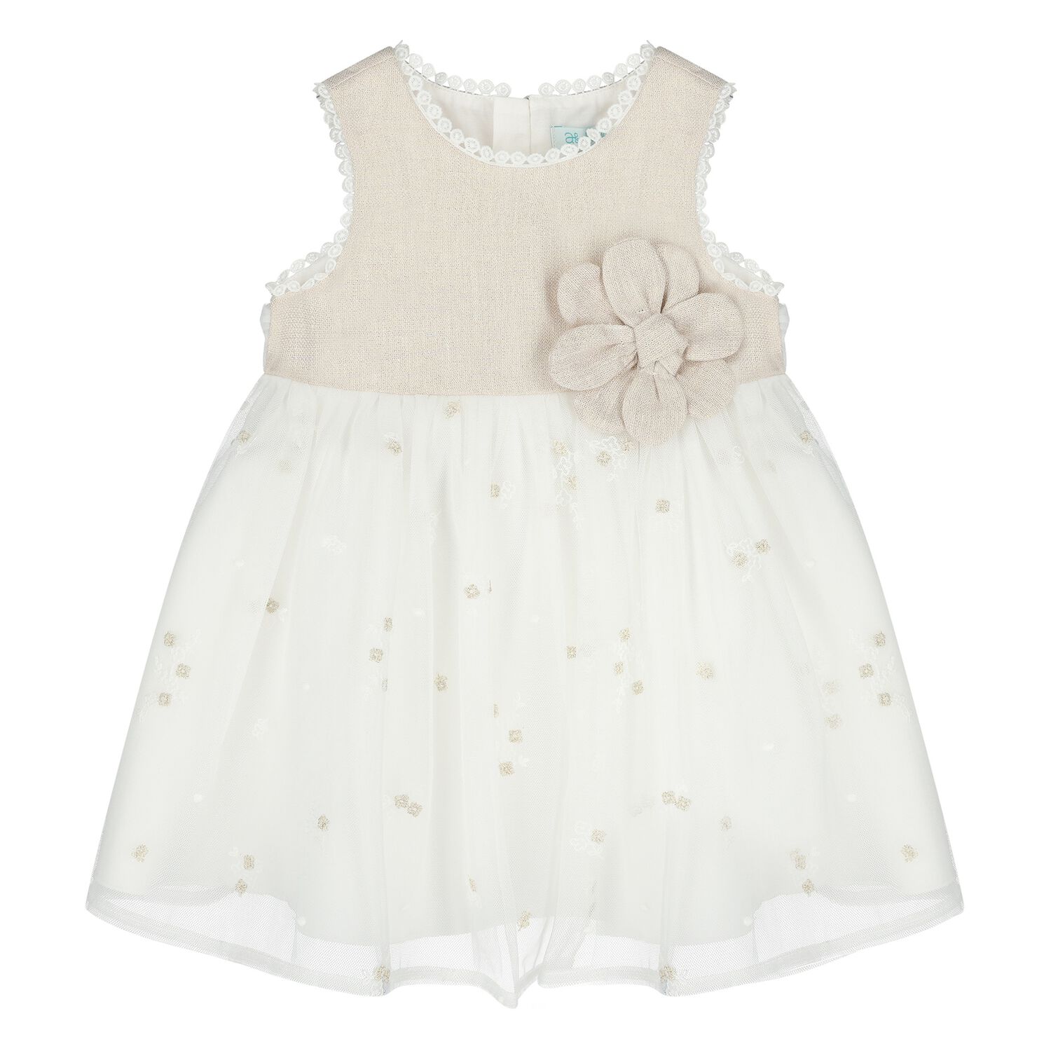 Younger Girls Gold & White Flower Dress, 1, hi-res