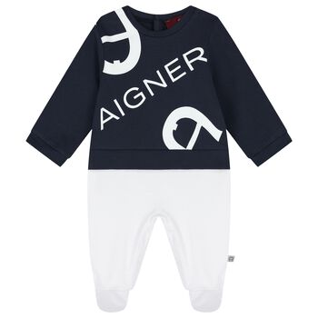 Baby Boys White & Navy Blue Logo Babygrow