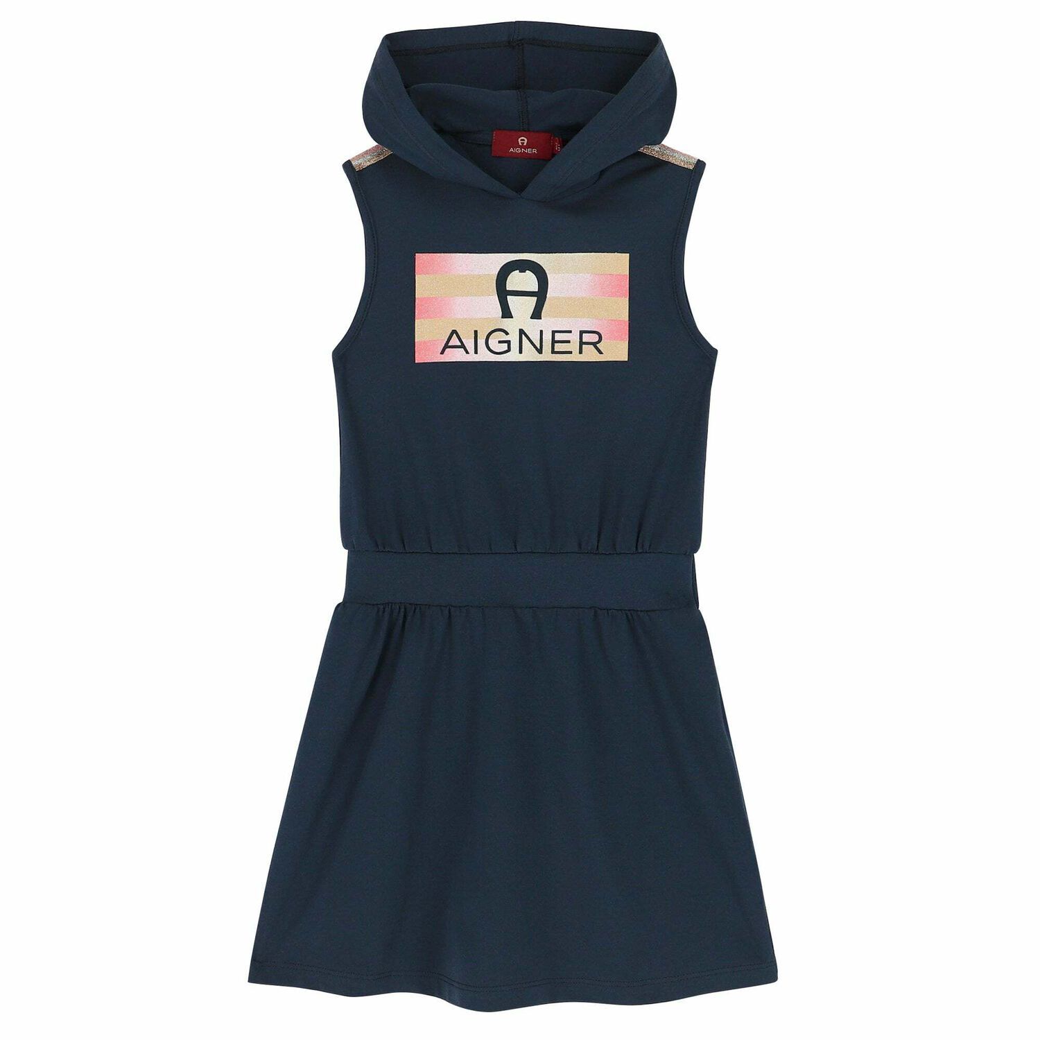 Girls Navy Hooded Logo Dress , 2, hi-res
