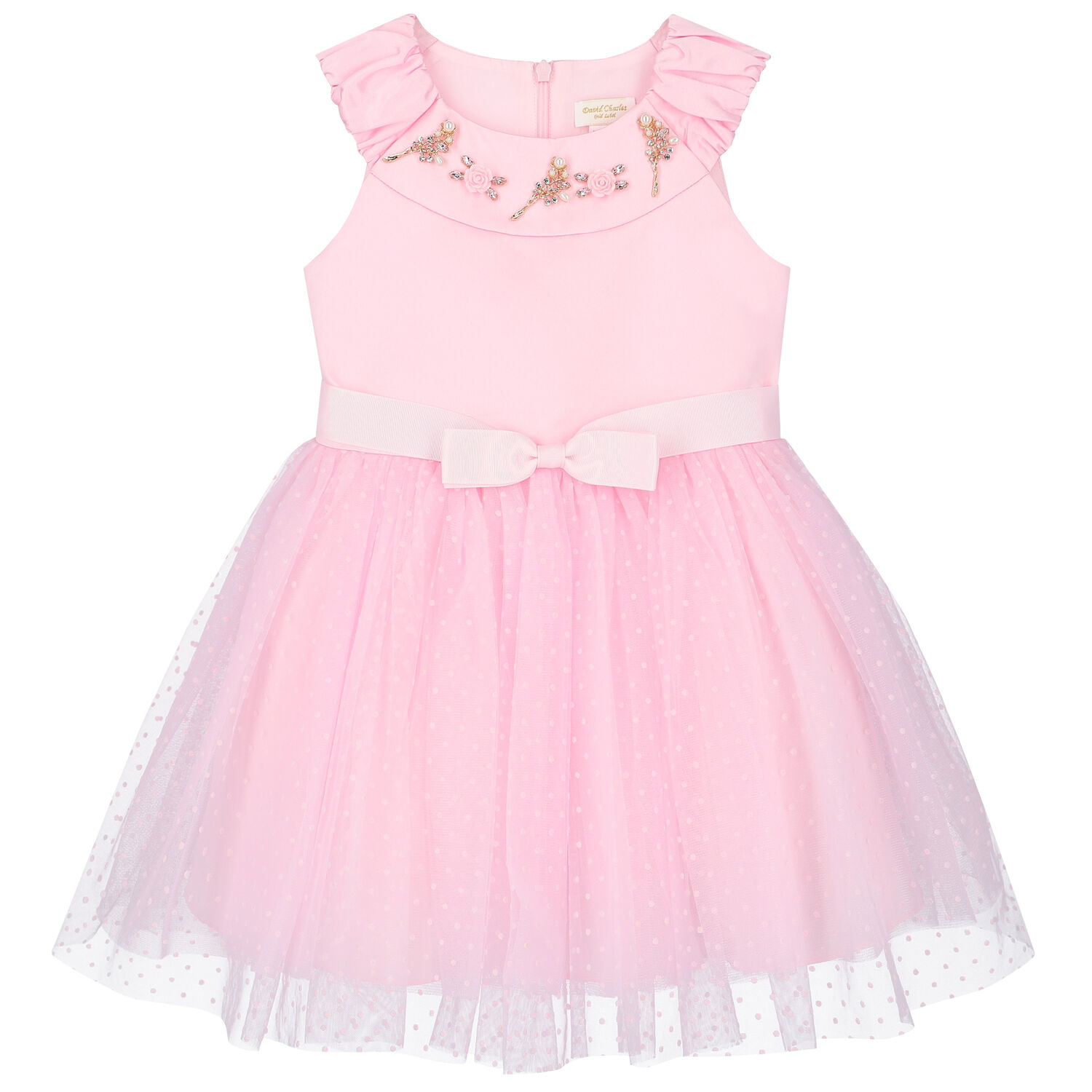 Girls Pink Satin & Tulle Dress, 1, hi-res