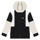 Boys Black & Ivory Logo Hooded Zip Up Top, 1, hi-res