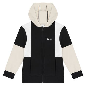 BOSS Boys Black & Ivory Logo Hooded Zip Up Top, 1 Boys Black & Ivory Logo Hooded Zip Up Top