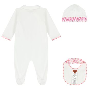 Baby Girls White & Pink Teddy Bear Zig Zag Babygrow Gift Set