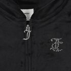 Girls Black Crystal Embellished Diamant&eacute; Logo Velour Hooded Zip Up Top, 1, hi-res