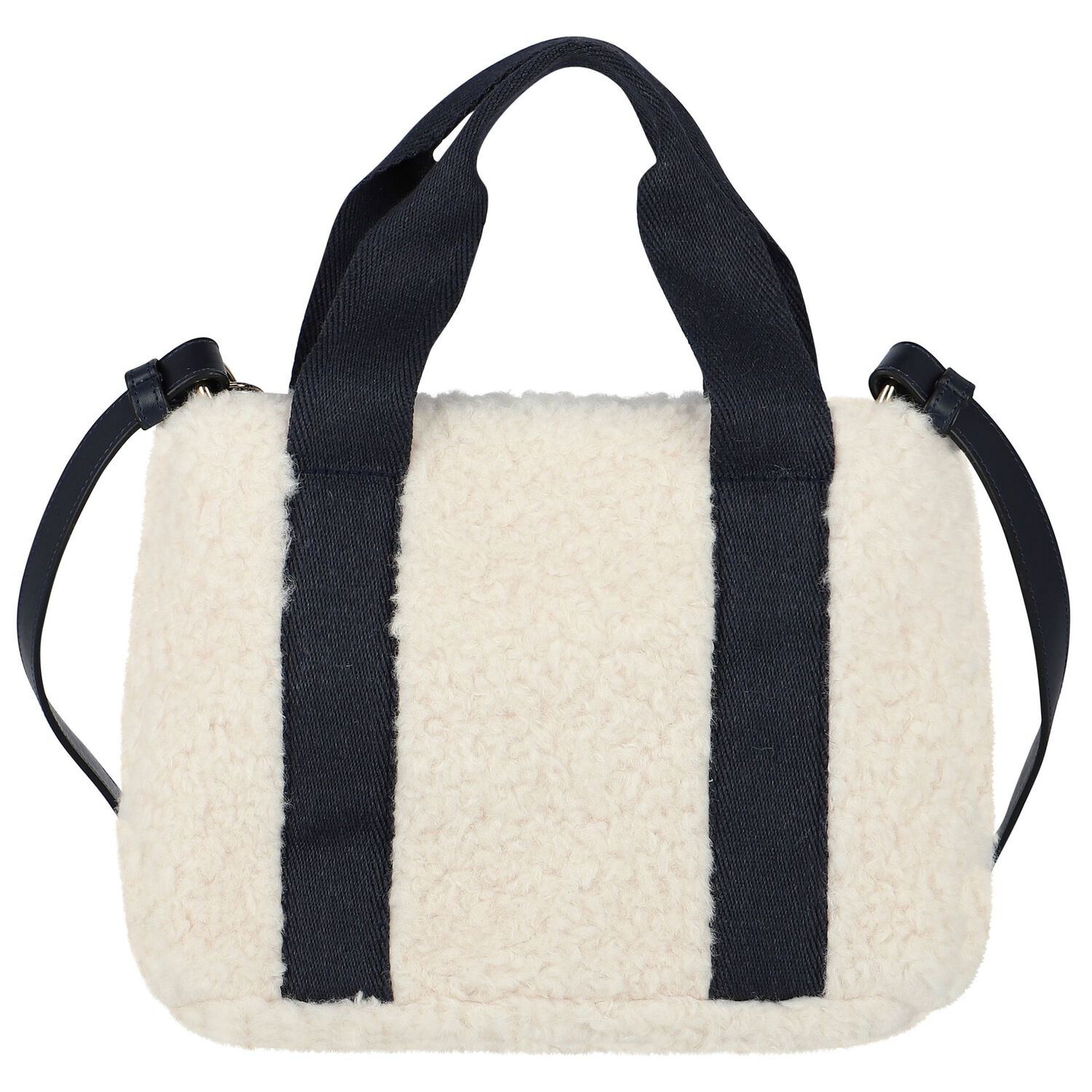 Girls Ivory & Navy Blue Sherpa Fleece Bag, 1, hi-res