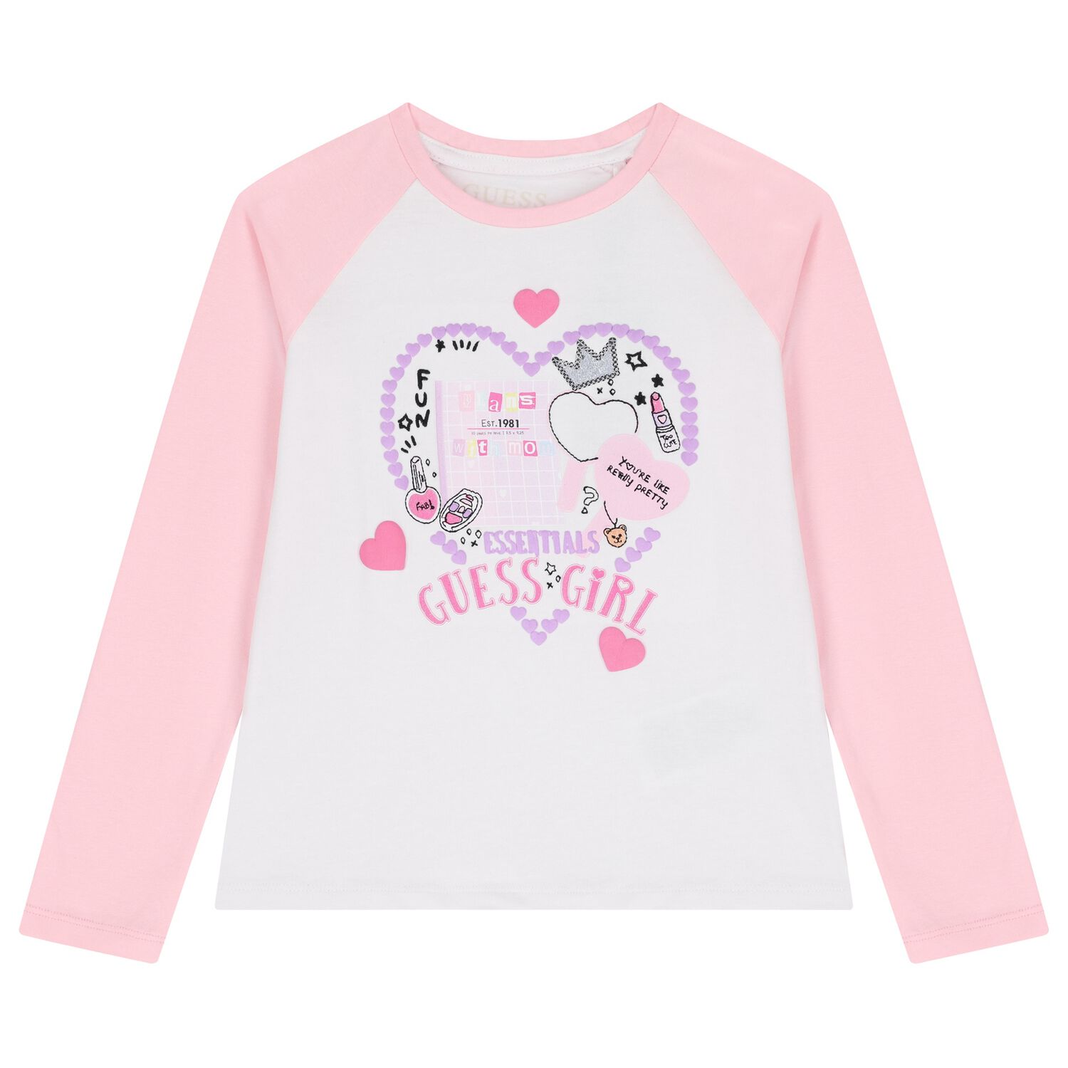 Girls White & Pink Logo Long Sleeve Top, 1, hi-res image number null