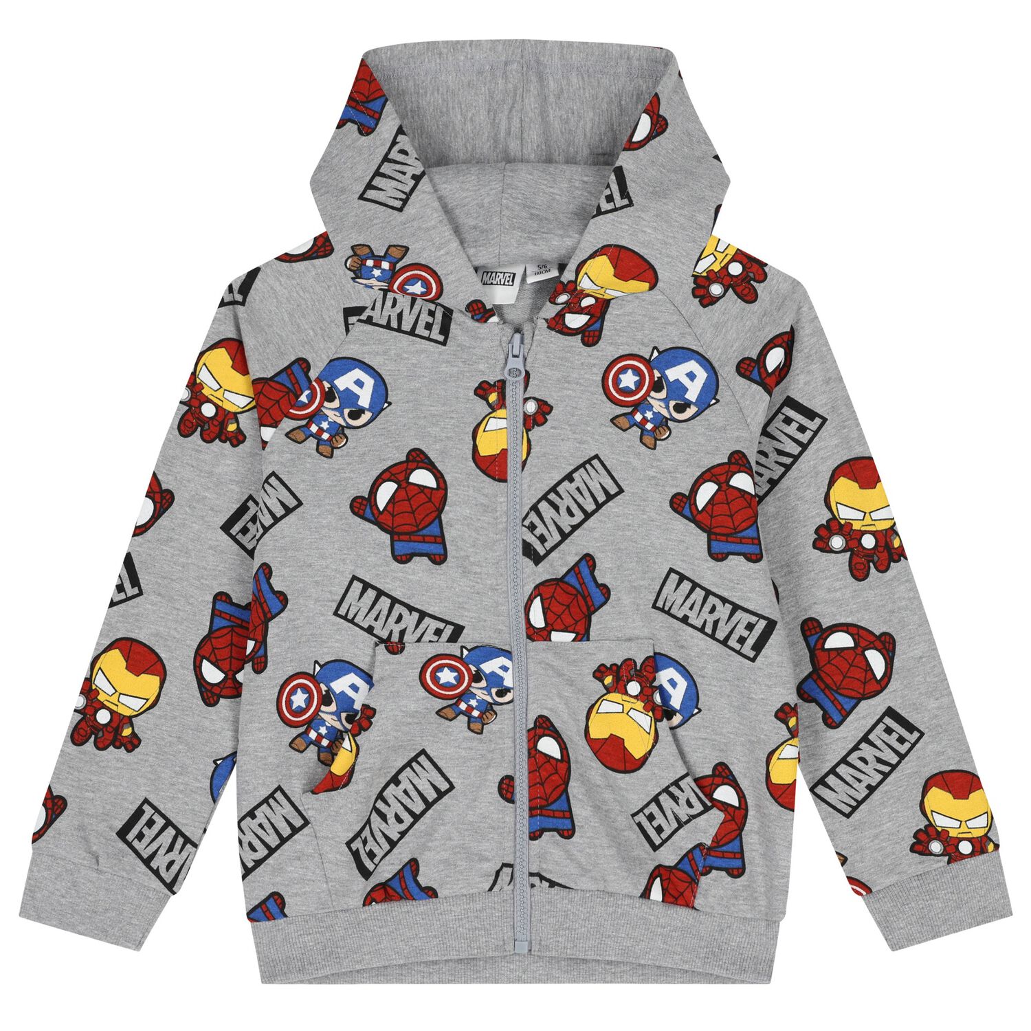 Boys Grey Marvel Hooded Zip Up Top, 1, hi-res