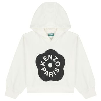 Girls White Boke Flower Logo Hooded Top