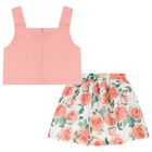 Girls Coral & White Rose Satin Skirt Set, 1, hi-res