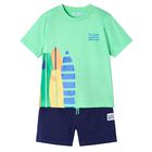 Boys Green & Navy Blue Surf Board Shorts Set, 1, hi-res
