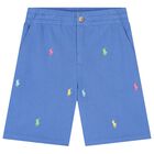 Boys Blue Cotton Pony Logo Shorts, 1, hi-res