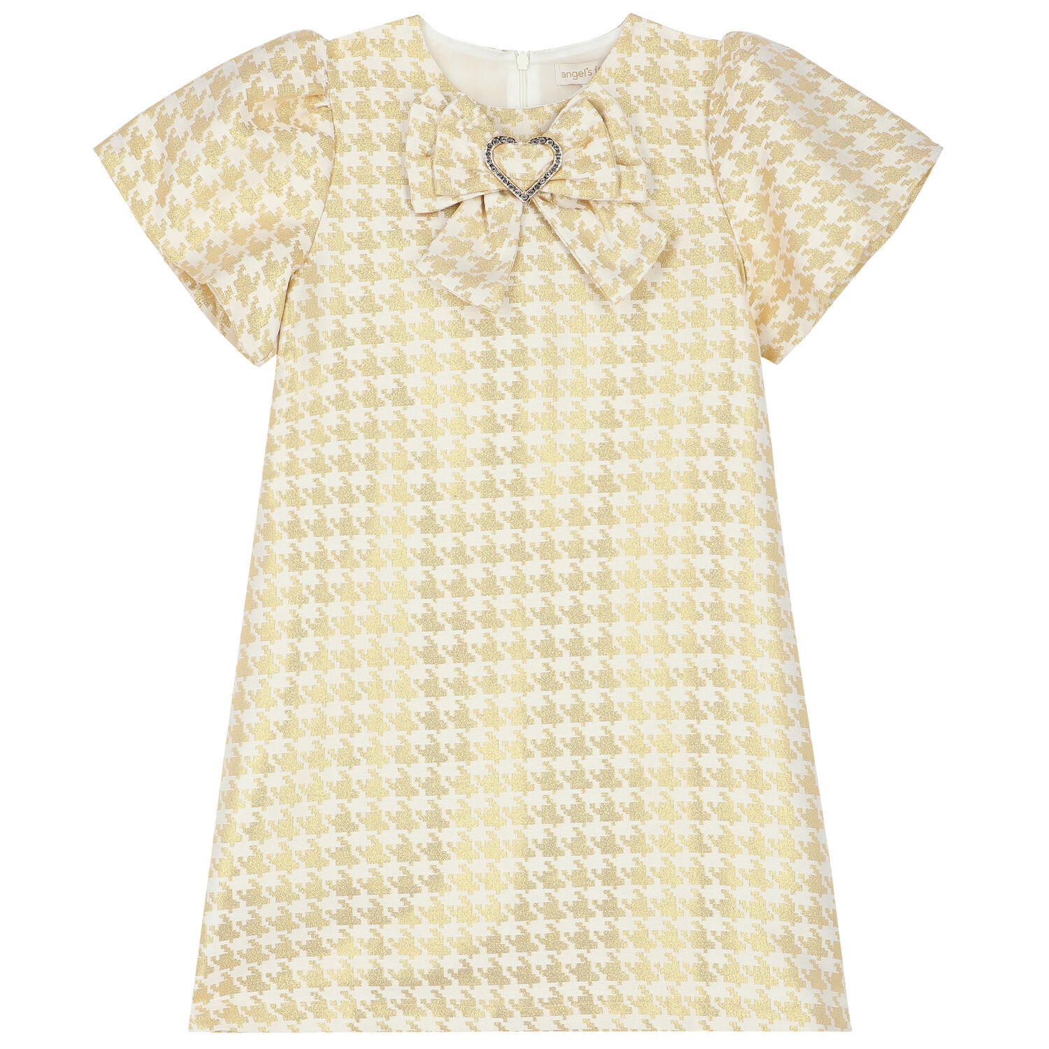 Girls White & Gold Houndstooth Dress, 1, hi-res