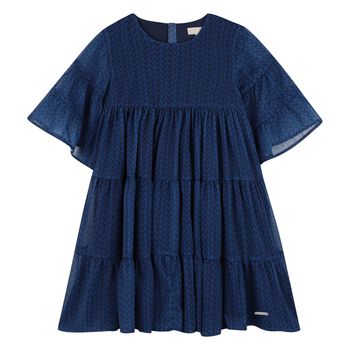 Girls Navy Blue Logo Tiered Dress