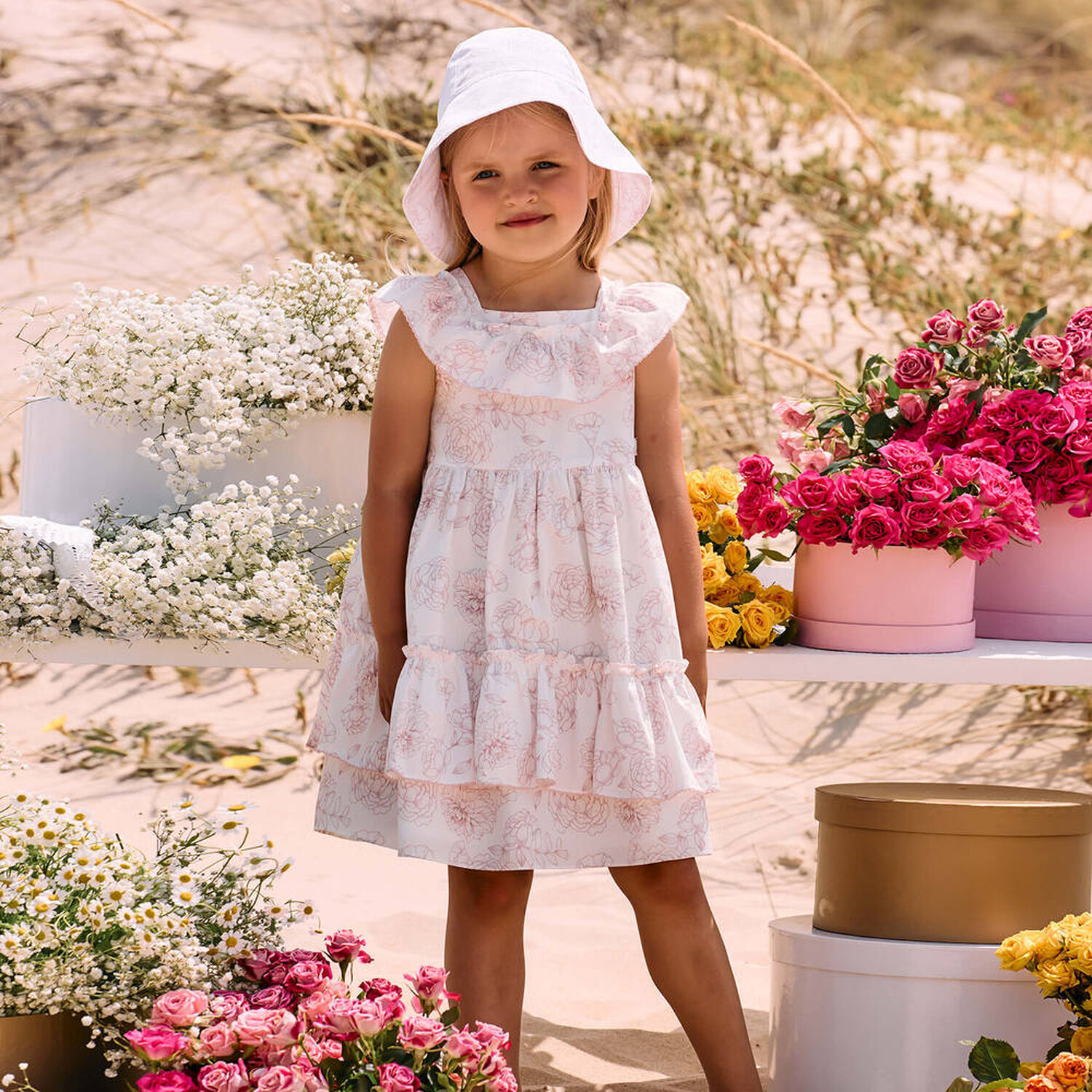 Girls White & Pink Floral Dress, 1, hi-res