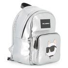 Girls Metallic Silver Logo Backpack, 1, hi-res