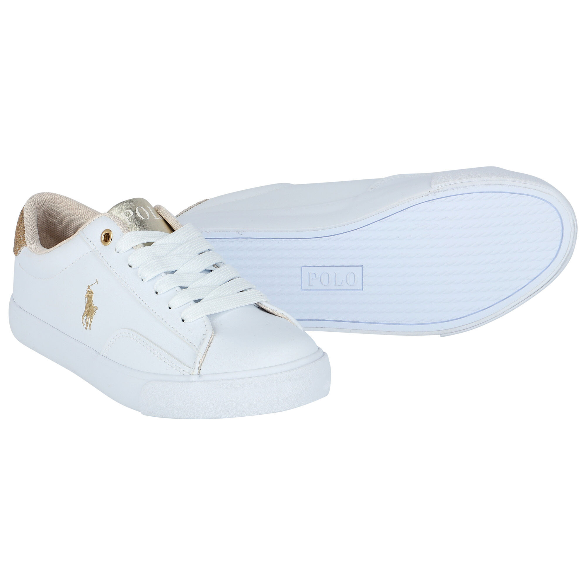 Ralph Lauren Girls White Gold Logo Trainers Junior Couture UK