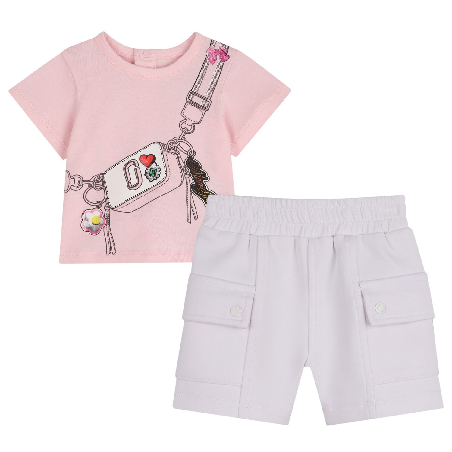 Younger Girls Pink & White Bag Shorts Set, 1, hi-res