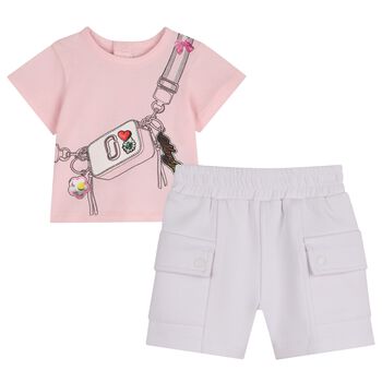 Younger Girls Pink & White Bag Shorts Set