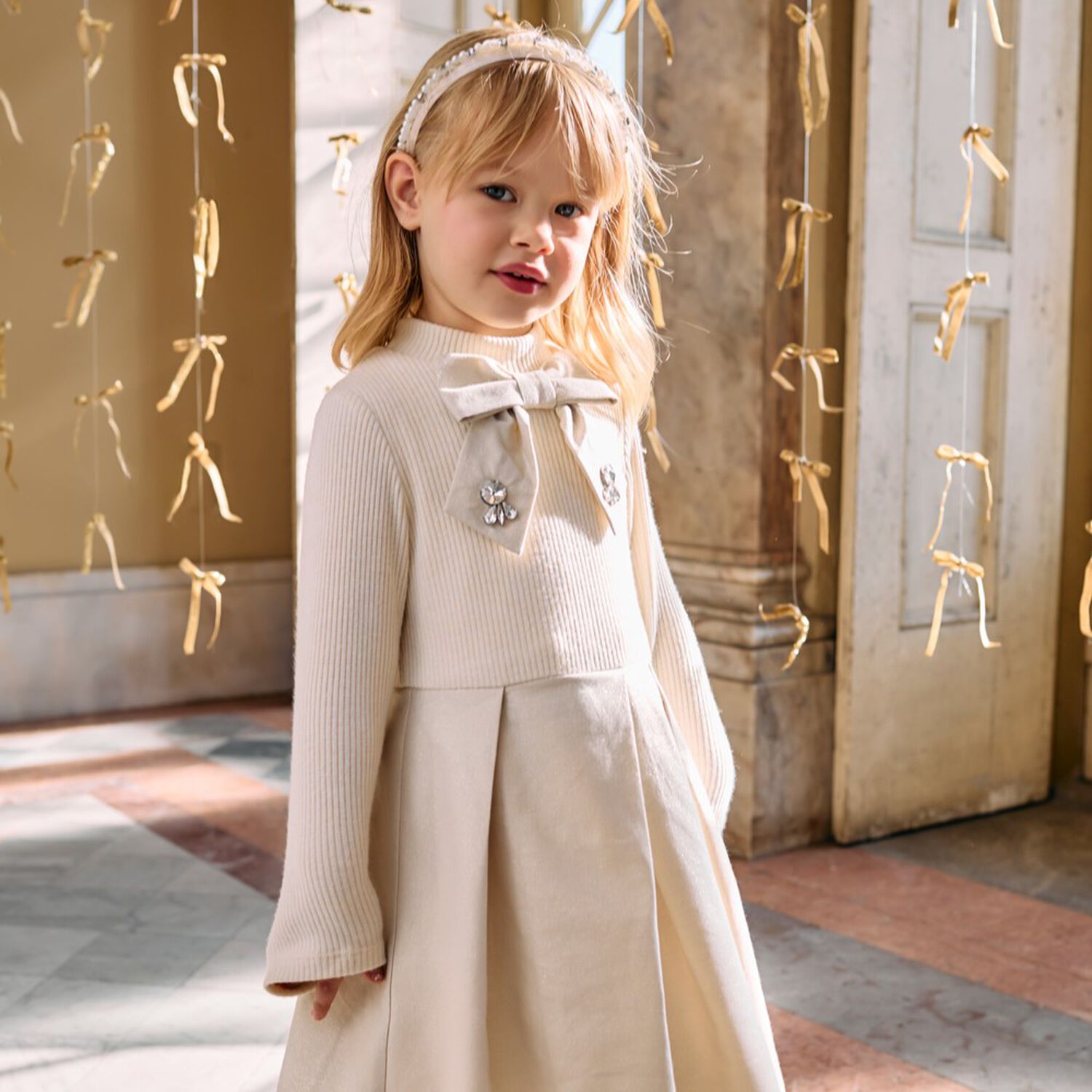 Girls Gold Knitted Bow Dress, 1, hi-res