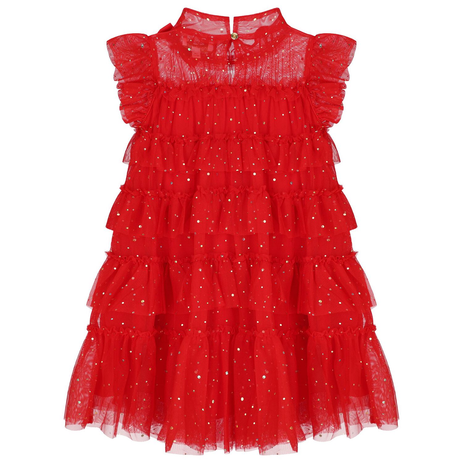 Girls Red Embellished Tiered Tulle Dress, 1, hi-res