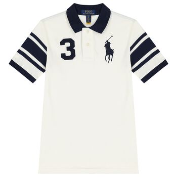 Boys White & Navy Blue Logo Polo Shirt