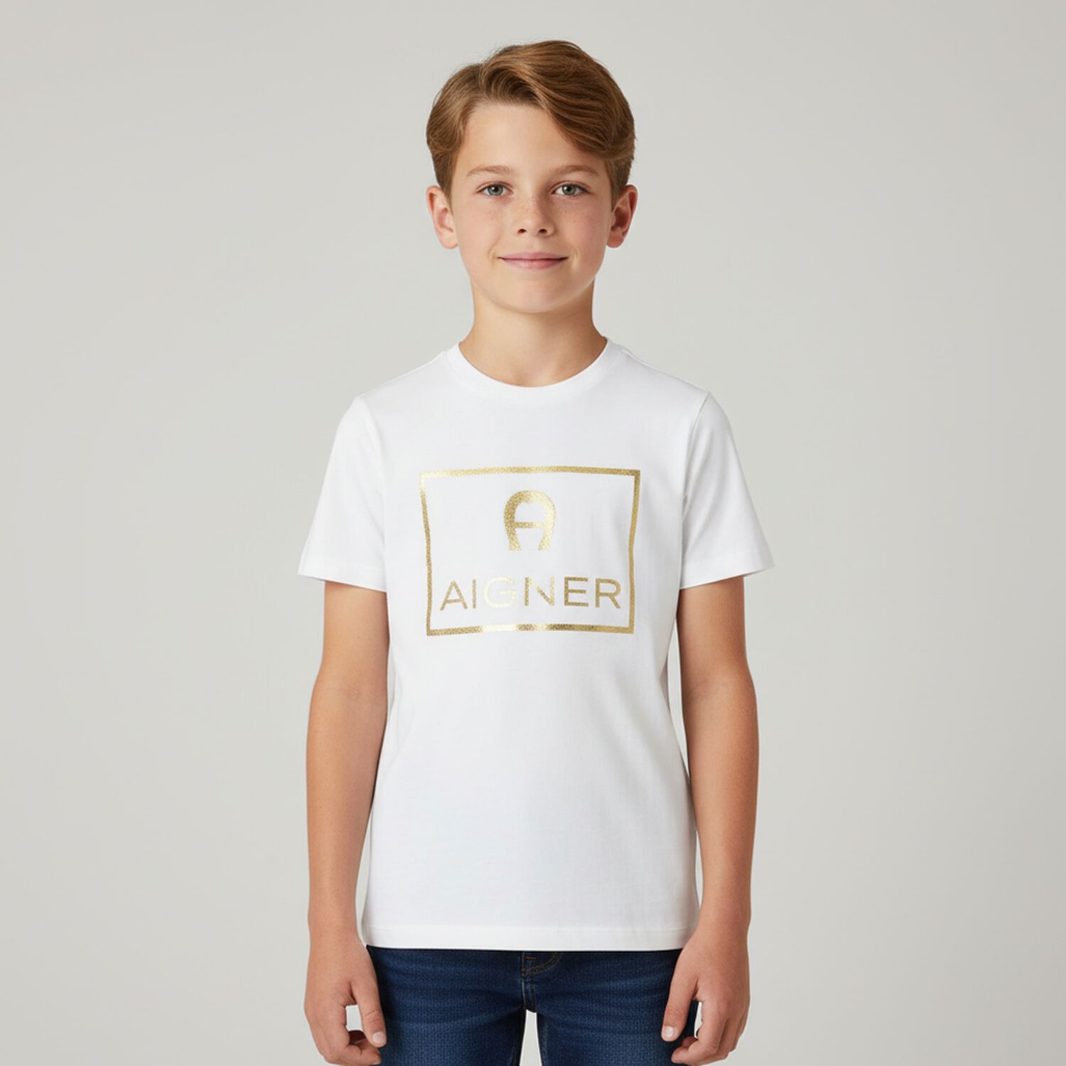 Boys White & Gold Logo T-Shirt, 3, hi-res
