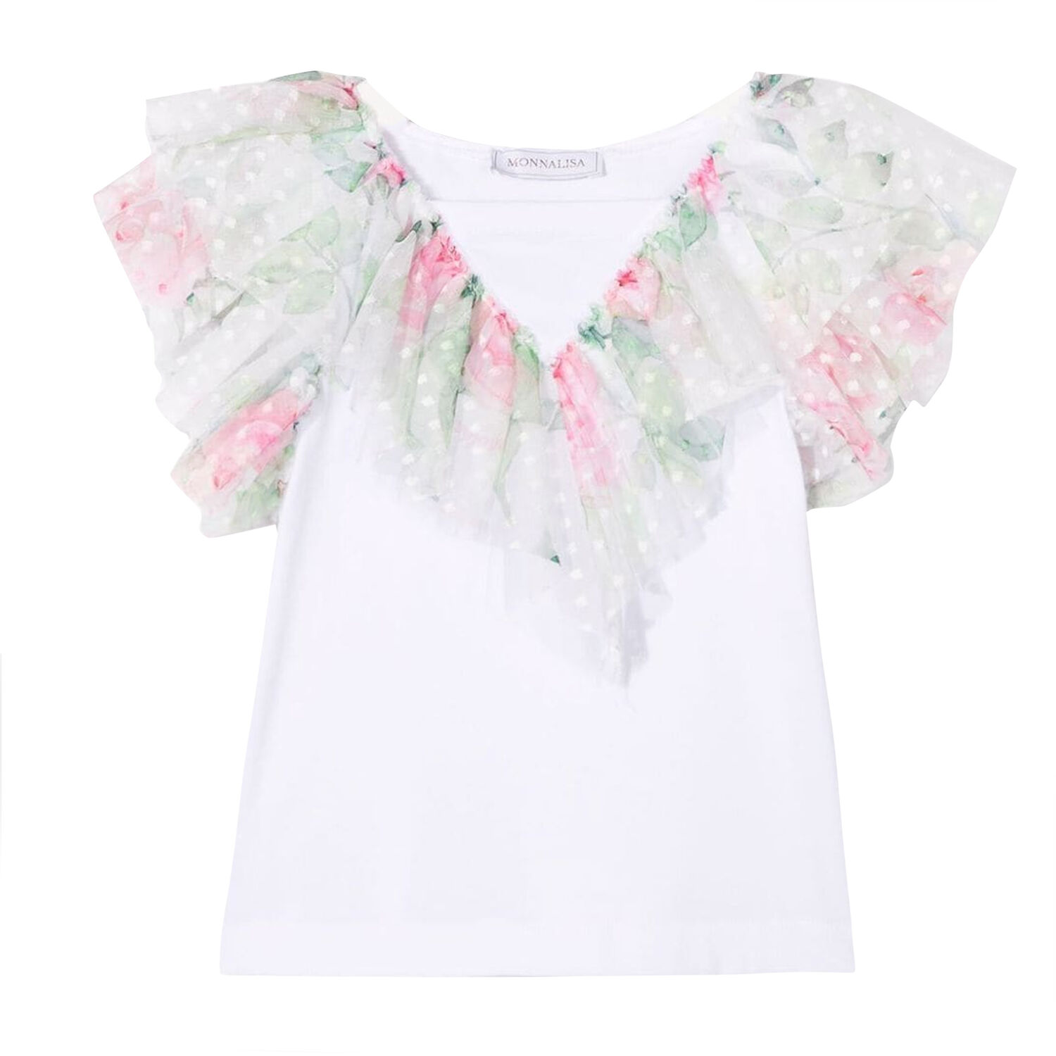 Girls White & Floral Tulle Top, 1, hi-res