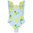 Girls Blue & White Lemon Swimsuit, 2, hi-res