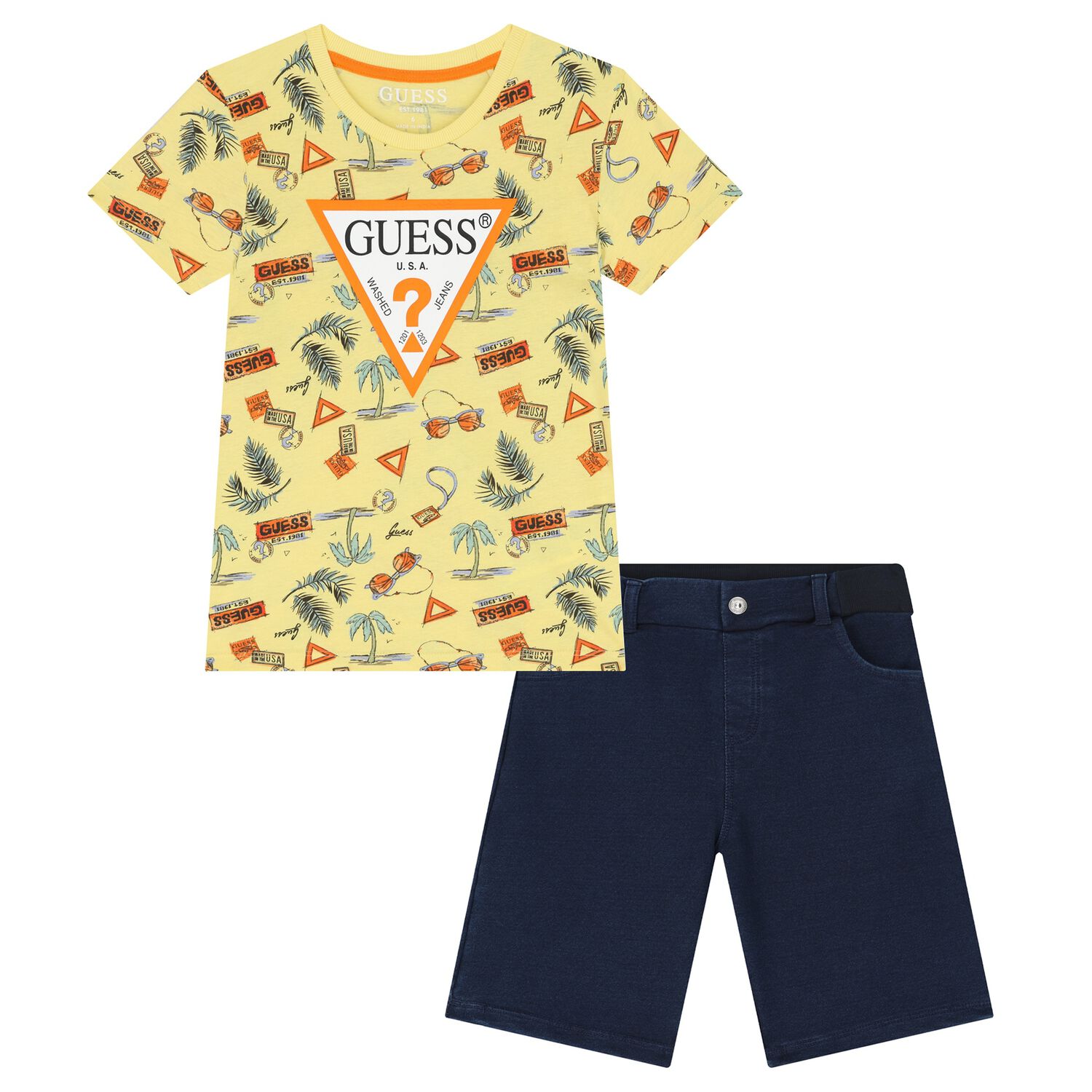 Boys Yellow & Navy Blue Logo Shorts Set, 1, hi-res