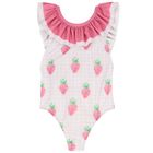 Girls White & Pink Gingham Strawberries Swimsuit, 3, hi-res