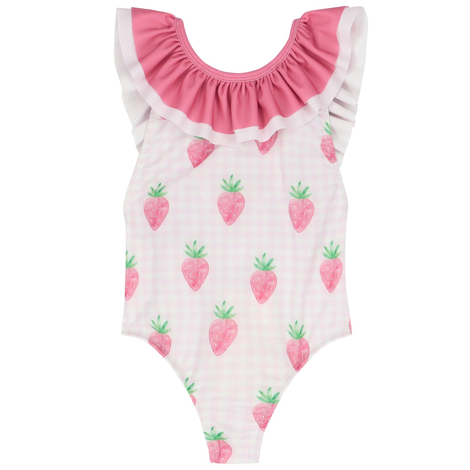 Girls White & Pink Gingham Strawberries Swimsuit, 3, hi-res