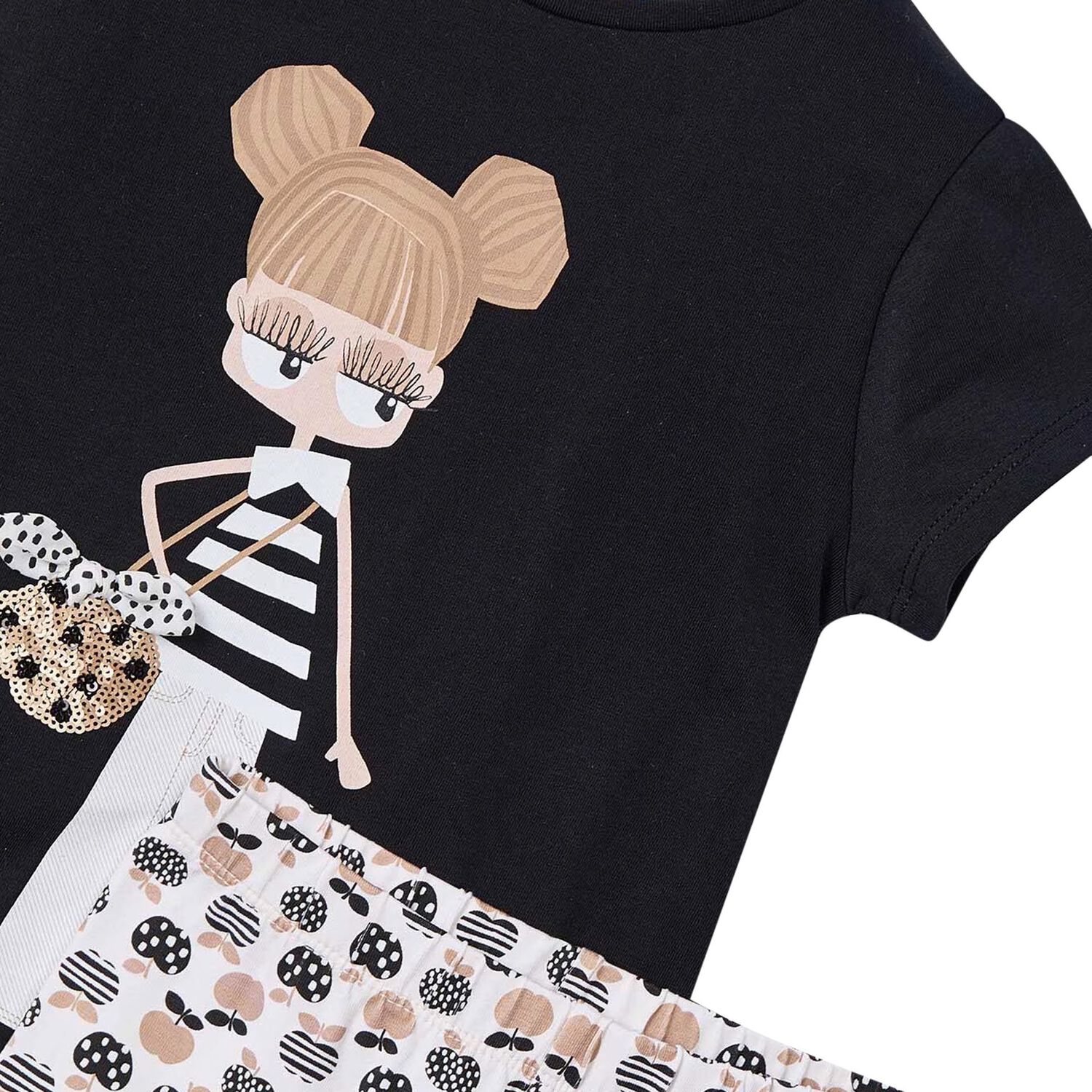 Girls Black & Beige Cotton Printed Leggings Set, 2, hi-res