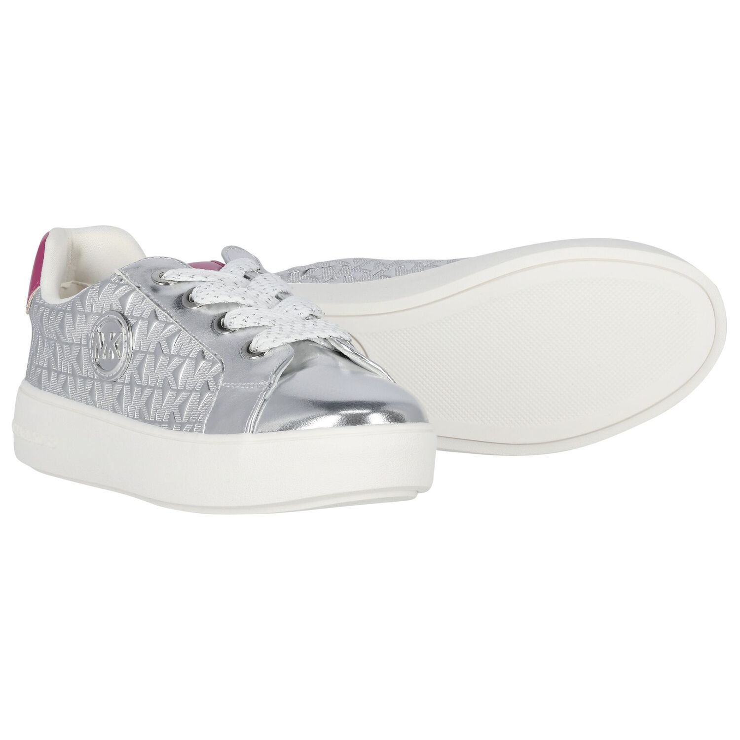 Girls Silver & Pink Logo Trainers, 1, hi-res