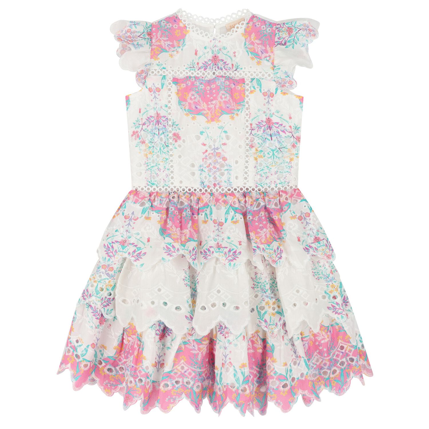 Girls White Floral Patchwork Dress, 1, hi-res