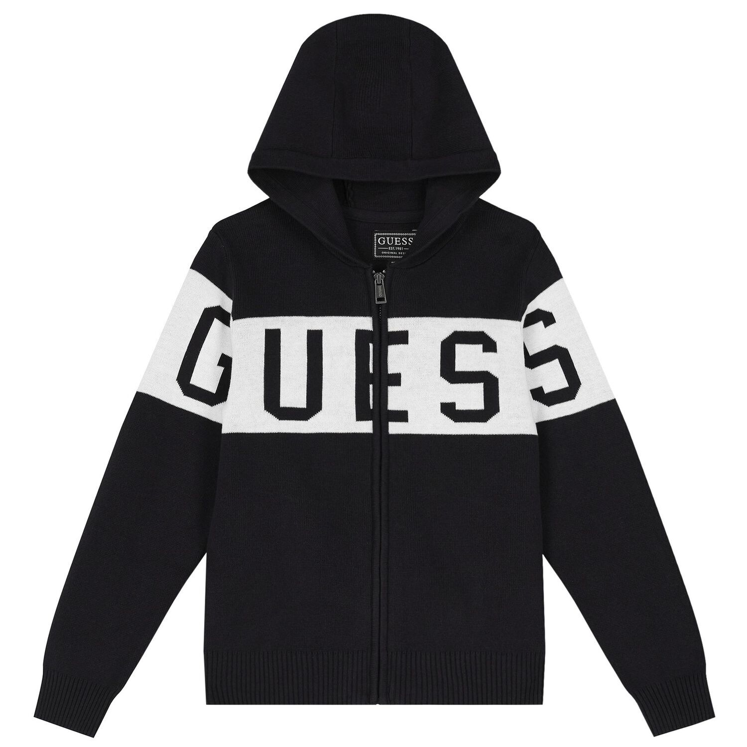 Boys Black & White Logo Knitted Hooded Zip Up Top, 1, hi-res