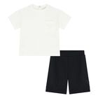 Younger Boys White & Navy Blue Shorts Set, 1, hi-res