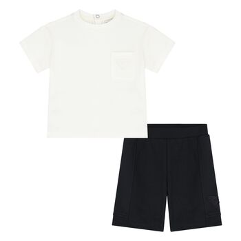 Younger Boys White & Navy Blue Shorts Set