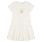 Girls Ivory & Gold Logo Dress, 1, hi-res
