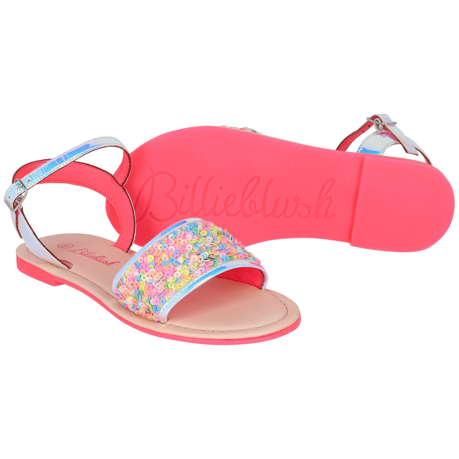 Girls Iridescent Silver Sequin Sandals, 1, hi-res