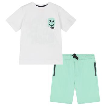 Boys White & Green Shorts Set