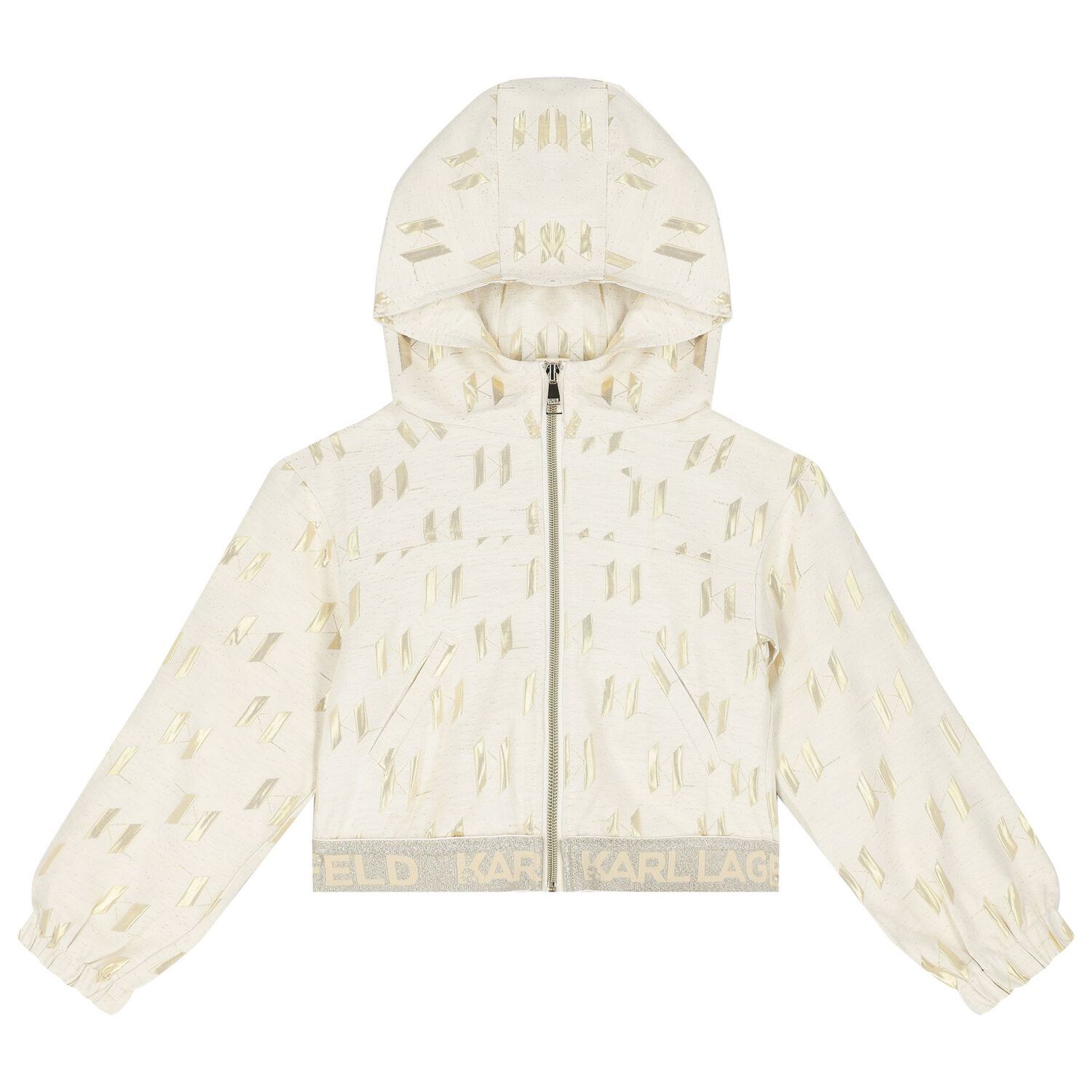 Girls Ivory & Gold Hooded Zip Up Top, 1, hi-res