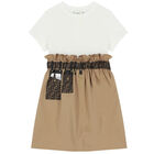 Girls Ivory & Beige Logo Dress, 1, hi-res