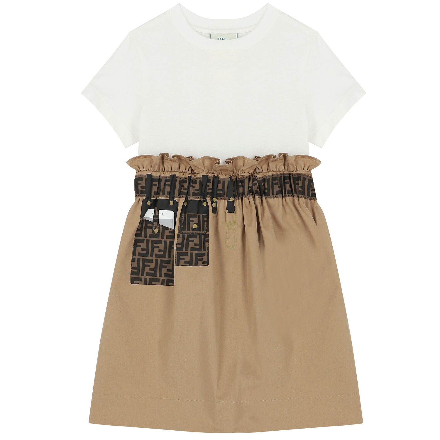 Girls Ivory & Beige Logo Dress, 1, hi-res
