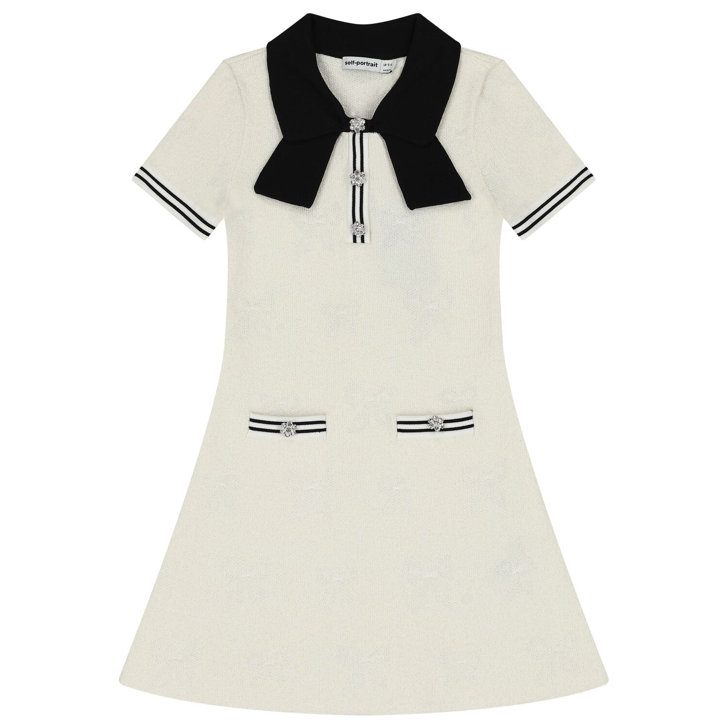 Girls White Jacquard Bow Dress, 1, hi-res