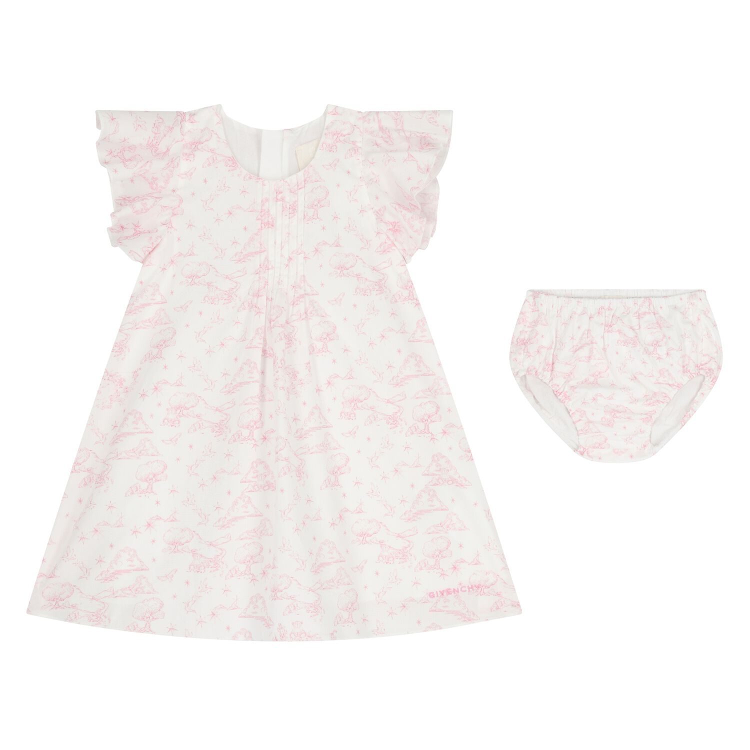 Baby Girls White & Pink Toile de Jouy Dress Set, 1, hi-res