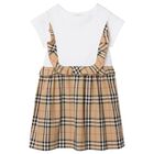 Girls White & Beige Check Ruffled Dress, 1, hi-res
