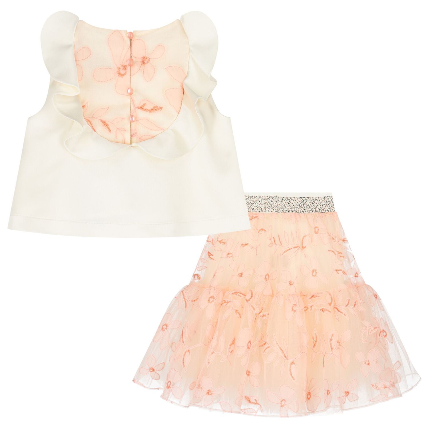Girls Ivory & Pink Floral Skirt Set, 1, hi-res