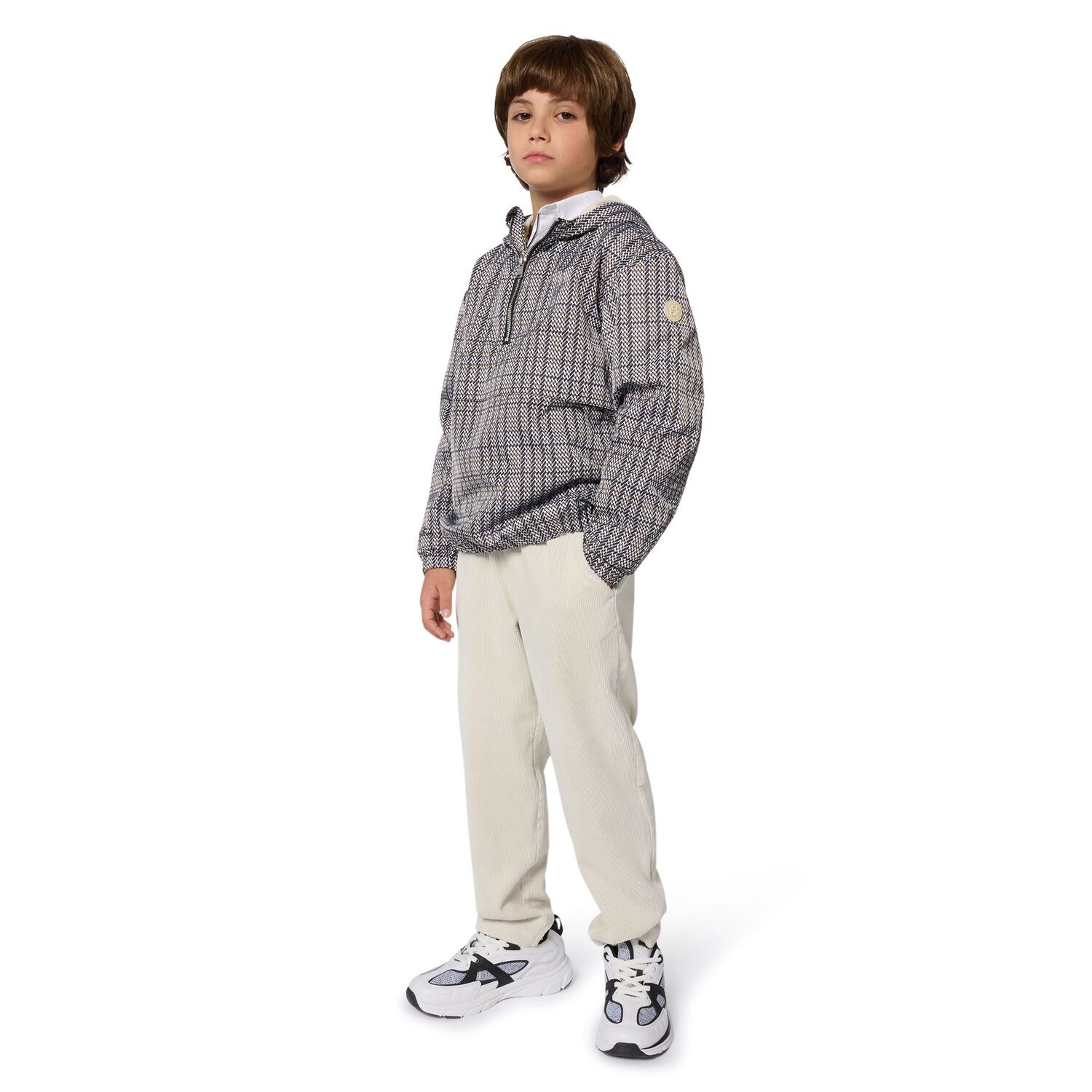 Boys Black, Beige & White Checked Windbreaker, 1, hi-res