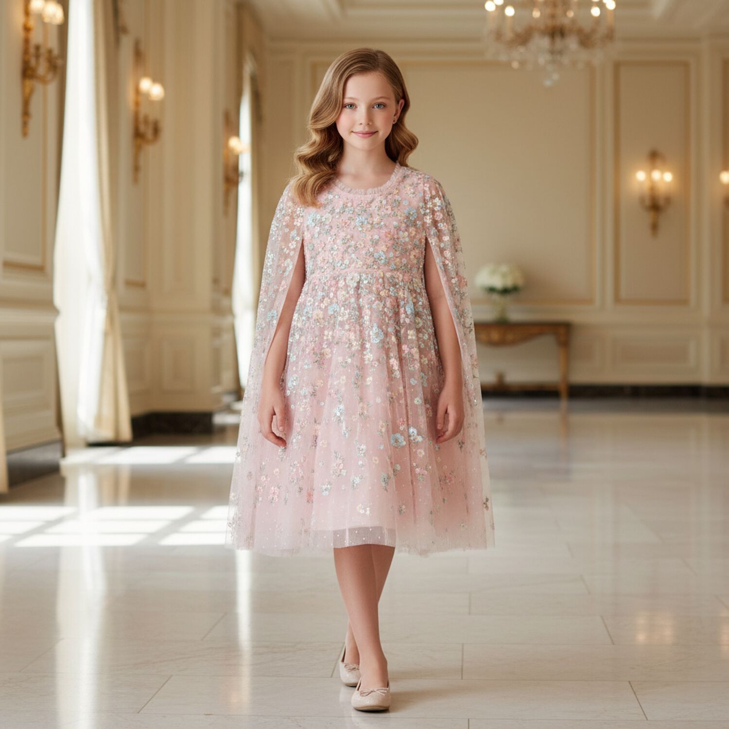 Girls Pink Floral & Tulle Cape Dress, 2, hi-res
